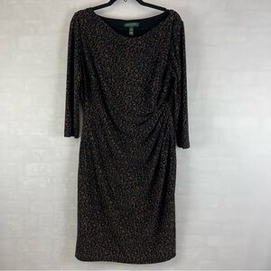 Lauren Ralph Lauren Dress Womens 16 Black Brown Animal Print Ruched Stretch